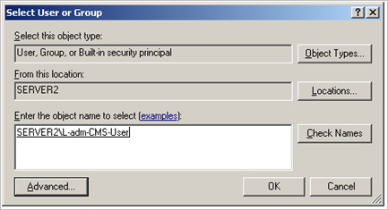 Select User or Group dialog box where you can enter details for the group